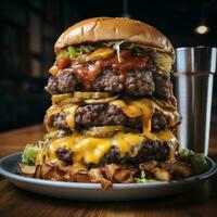 Mouth-watering stacked beef and cheeseburger photo