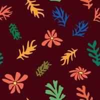 Blue Matisse floral pattern, crooked leaves and red flowers. vector