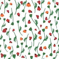 Summer seamless pattern with bright red poppy flowers and poppy pods. Field, meadow of poppies vector