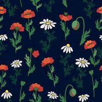 Seamless pattern with red poppies, white chamomile flowers, yellow rudbeckia. Summer flower field, meadow. vector