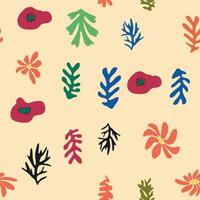 Blue Matisse floral pattern, crooked leaves and red flowers. vector