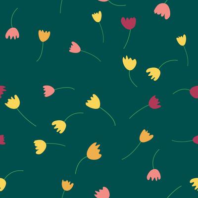 Seamless floral pattern with colorful tulip flowers, leaves and petals. Retro from the 1970s