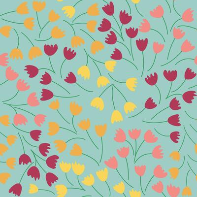 Seamless floral pattern with colorful tulip flowers, leaves and petals. Retro from the 1970s