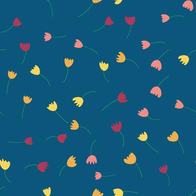 Seamless floral pattern with colorful tulip flowers, leaves and petals. Retro from the 1970s