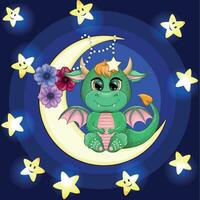 A cute cartoon green dragon sits on the moon. Animal on a dark blue background with clouds and stars. Year 2024 Chinese calendar vector