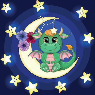 A cute cartoon green dragon sits on the moon. Animal on a dark blue background with clouds and stars. Year 2024 Chinese calendar
