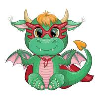 Cute cartoon green baby dragon in a red cape, super hero savior. Symbol of 2024 according to the Chinese calendar vector