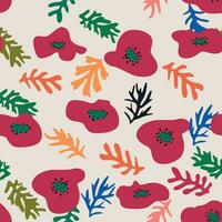 Blue Matisse floral pattern, crooked leaves and red flowers. vector