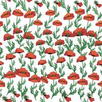 verano sin costura modelo con brillante rojo amapola flores y amapola vainas campo, prado de amapolas vector