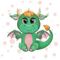 Cute cartoon green baby dragon with horns and wings. Symbol of 2024 according to the Chinese calendar. Funny mythical monster reptile vector