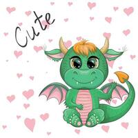 Cute cartoon green baby dragon with horns and wings. Symbol of 2024 according to the Chinese calendar. Funny mythical monster reptile vector