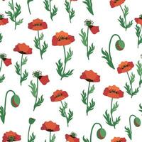 Summer seamless pattern with bright red poppy flowers and poppy pods. Field, meadow of poppies vector