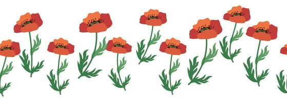 Summer seamless pattern with bright red poppy flowers and poppy pods. Garland, flower border vector