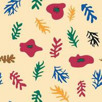 Blue Matisse floral pattern, crooked leaves and red flowers. vector