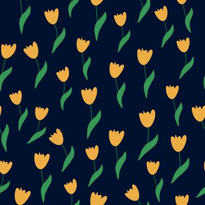 Seamless floral pattern with colorful tulip flowers, leaves and petals. Retro from the 1970s