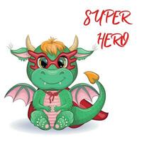 Cute cartoon green baby dragon in a red cape, super hero savior. Symbol of 2024 according to the Chinese calendar. vector