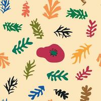 Blue Matisse floral pattern, crooked leaves and red flowers. vector