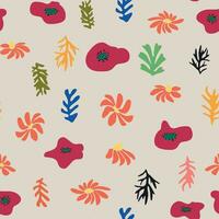 Blue Matisse floral pattern, crooked leaves and red flowers. vector