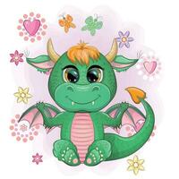 Cute cartoon green baby dragon with horns and wings. Symbol of 2024 according to the Chinese calendar. Funny mythical monster reptile vector