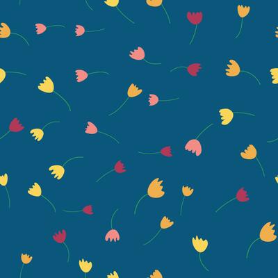Seamless floral pattern with colorful tulip flowers, leaves and petals. Retro from the 1970s