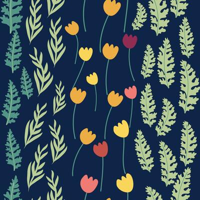 Seamless floral pattern with colorful tulip flowers, leaves and petals. Retro from the 1970s