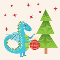 Christmas card with cute green dragon. Year of the Dragon 2024, China vector