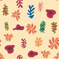 Blue Matisse floral pattern, crooked leaves and red flowers. vector