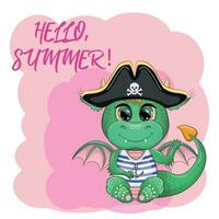 Cute cartoon green dragon pirate in a cocked hat. Symbol of 2024 according to the Chinese calendar vector