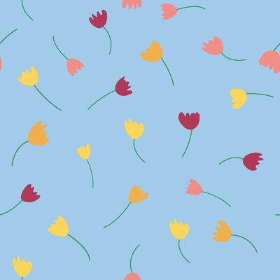 Seamless floral pattern with colorful tulip flowers, leaves and petals. Retro from the 1970s