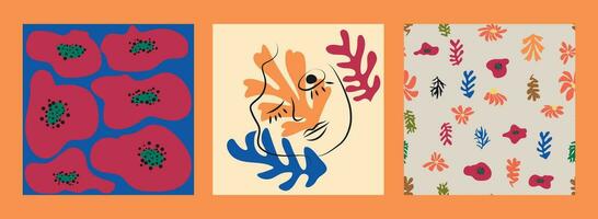 Modern trendy Matisse flower minimal style. Set of 3 Matisse inspired wall art posters, brochure, flyer templates vector