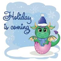 Cute cartoon green dragon in santa hat. 2024 new year, chinese calendar vector