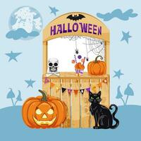 Banner decor with design elements for Halloween celebration decoration. Halloween frame. Wooden booth with pumpkin, black cat, treats, garland with flags, web with spiders, skull and crossbones. vector