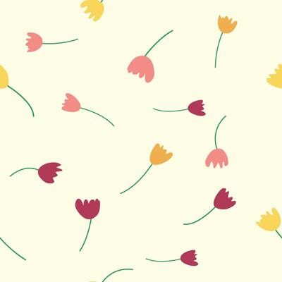 Seamless floral pattern with colorful tulip flowers, leaves and petals. Retro from the 1970s