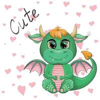 Cute cartoon green baby dragon with horns and wings. Symbol of 2024 according to the Chinese calendar. Funny mythical monster reptile vector