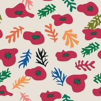 Blue Matisse floral pattern, crooked leaves and red flowers. vector