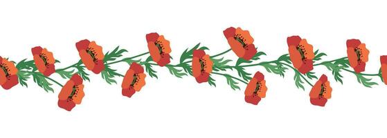 Summer seamless pattern with bright red poppy flowers and poppy pods. Garland, flower border vector