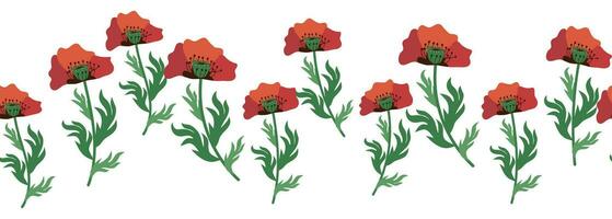 Summer seamless pattern with bright red poppy flowers and poppy pods. Garland, flower border vector