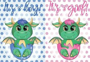 Baby shower horizontal banner with little cute dinosaurs in egg shells vector