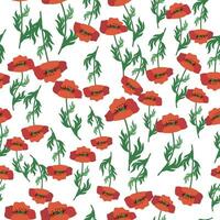 Summer seamless pattern with bright red poppy flowers and poppy pods. Field, meadow of poppies vector