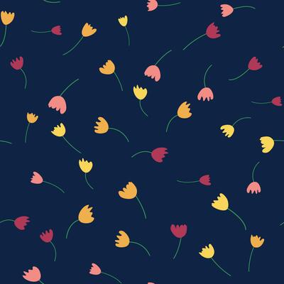 Seamless floral pattern with colorful tulip flowers, leaves and petals. Retro from the 1970s