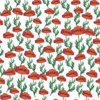 Summer seamless pattern with bright red poppy flowers and poppy pods. Field, meadow of poppies vector