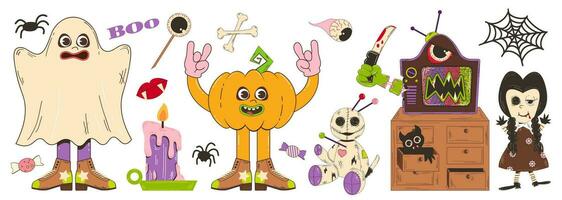 Set of elements for Halloween in retro cartoon style. Vector illustration of voodoo doll characters, emotion pumpkins, bat and other elements