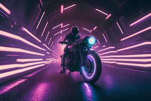 Futuristic biker on a retrowave sunset with a glitch and high-speed effect. Neural network AI generated photo