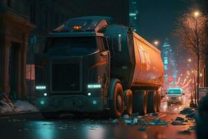 Garbage truck in the night city. Neural network AI generated photo