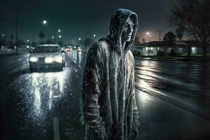 Scary zombie on the road of the night city. Neural network AI generated photo