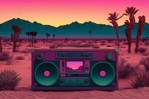 Vintage radio boombox in the desert, retrowave, synthwave. Neural network AI generated photo