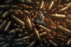 A pile of ammunition for weapons. Cartridges for machine guns and carbines. Background from new shiny cartridges. Neural network AI generated photo