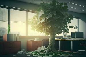 money tree in the office. Saving money and loan for business investment concept. Neural network AI generated photo