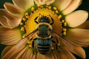 abeja en manzanilla de cerca. neural red ai generado foto