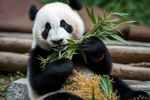panda comiendo dispara de bambú. raro y en peligro de extinción negro y blanco oso. neural red ai generado foto